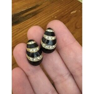 Vintage Black Enamel Rhinestone Shrimp Stud Gold Tone Earrings Pierced Stripe